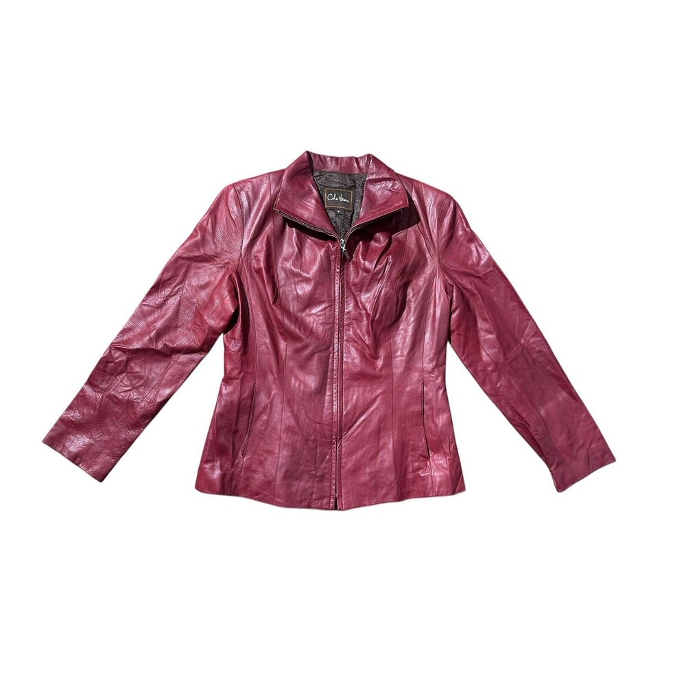 Cole Haan Red Lamb Skin Leather Jacket Sz 6 Full Zip Burgundy Luxury Classic